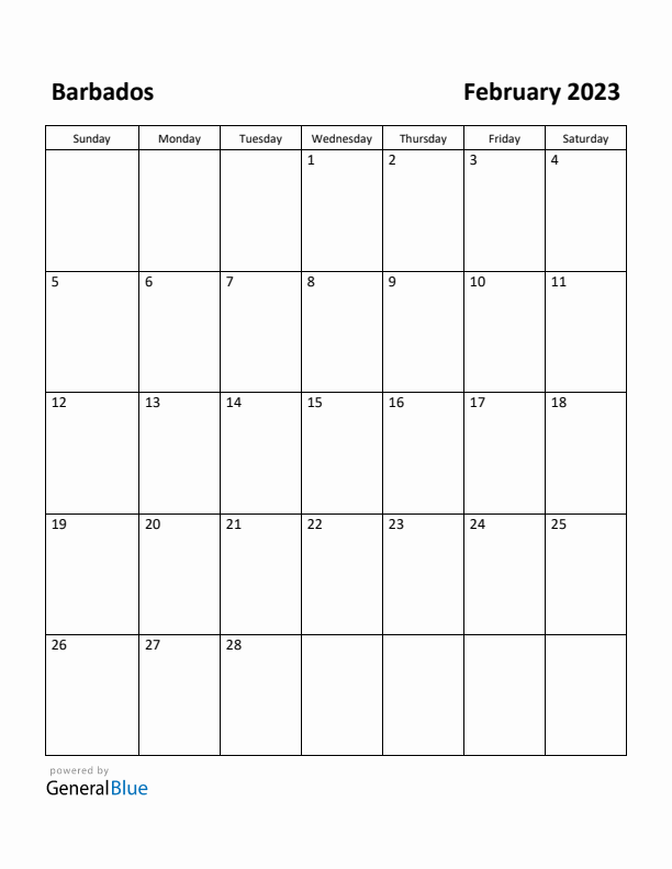 February 2023 Calendar with Barbados Holidays