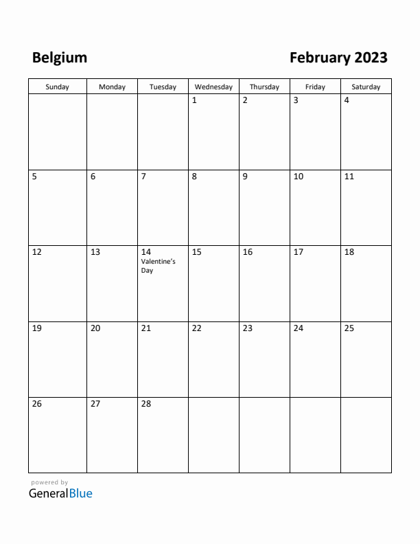 February 2023 Calendar with Belgium Holidays