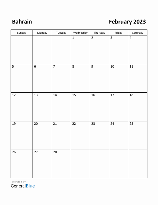 February 2023 Calendar with Bahrain Holidays