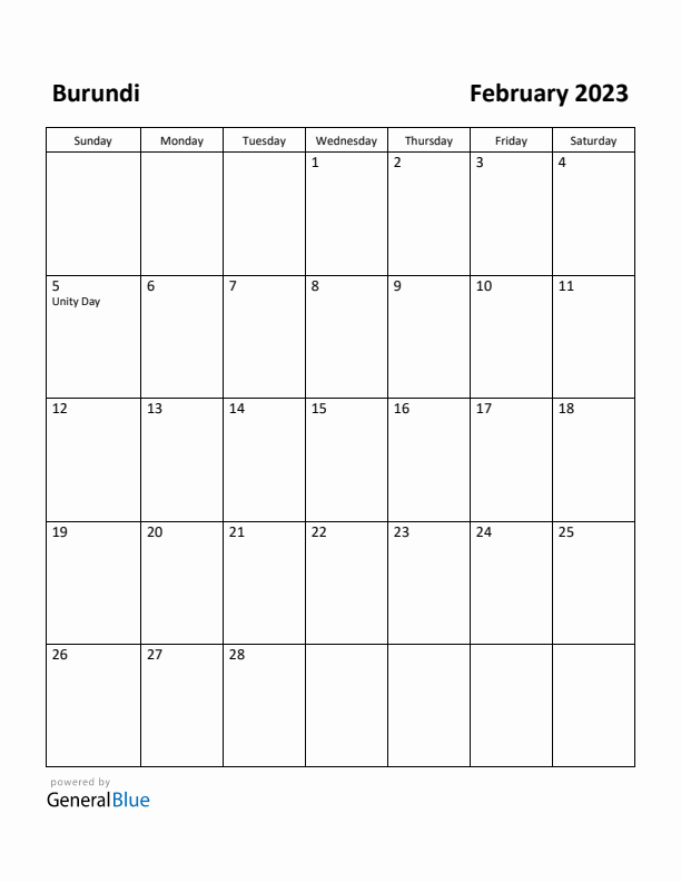 February 2023 Calendar with Burundi Holidays