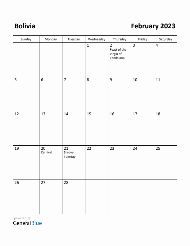February 2023 Calendar with Bolivia Holidays