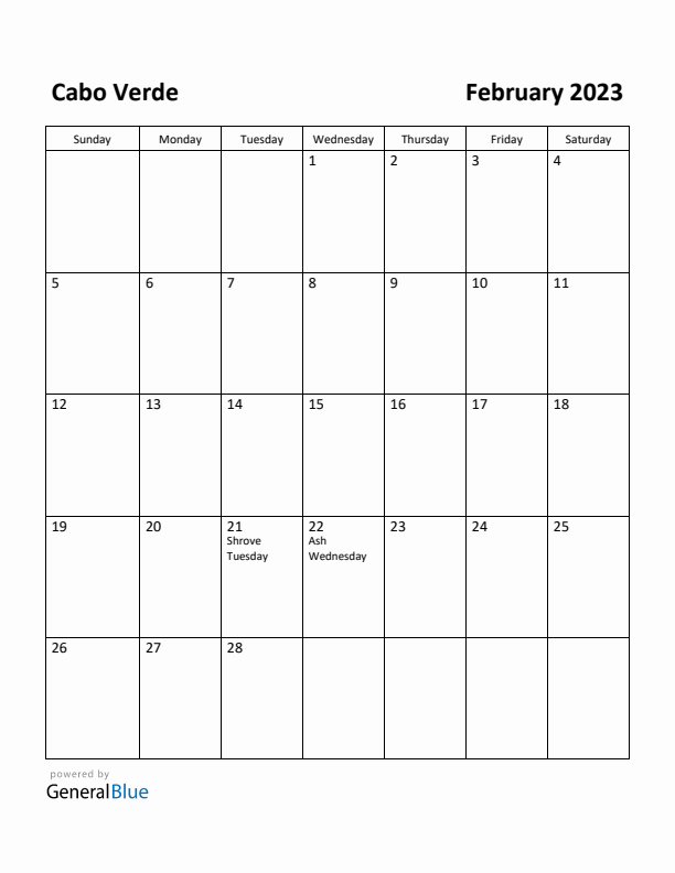 February 2023 Calendar with Cabo Verde Holidays