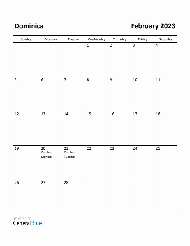 February 2023 Calendar with Dominica Holidays