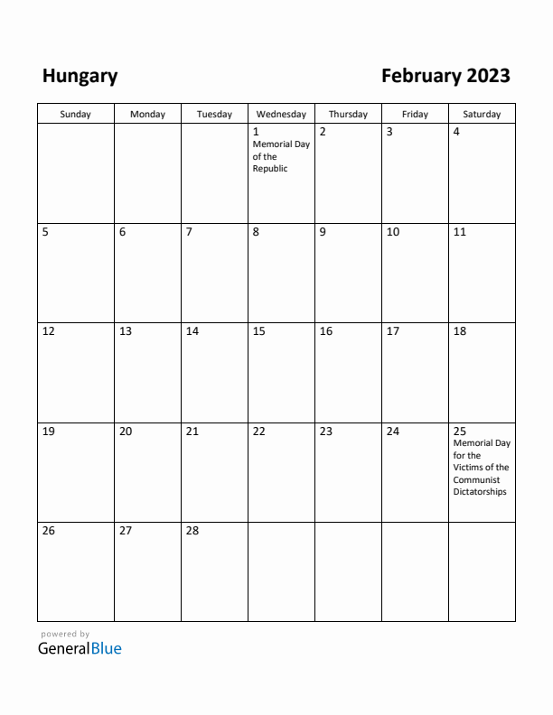 February 2023 Calendar with Hungary Holidays