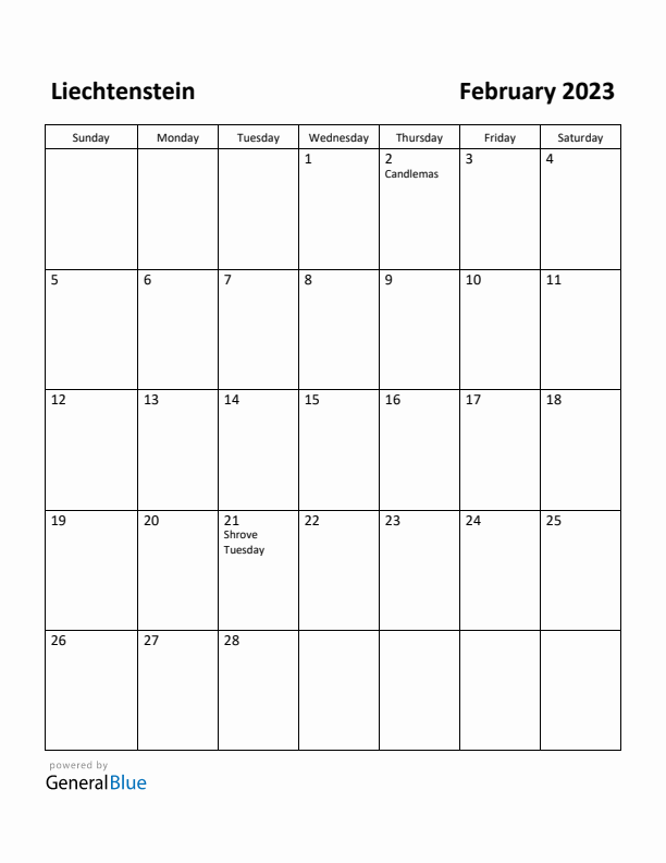 February 2023 Calendar with Liechtenstein Holidays