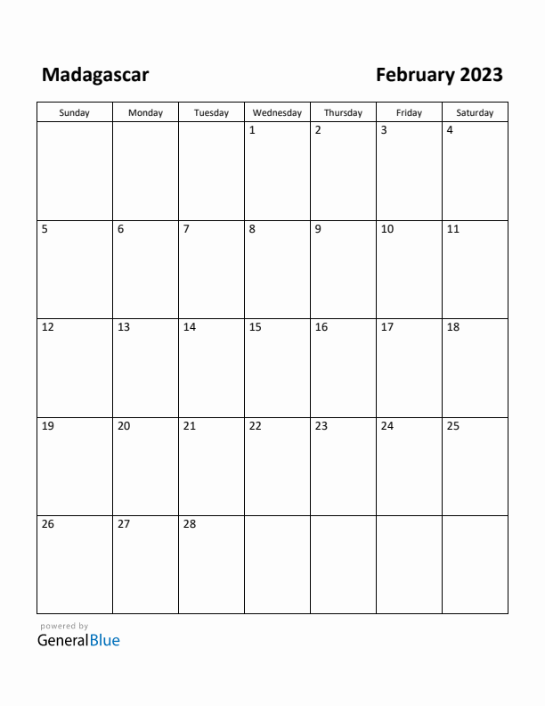 February 2023 Calendar with Madagascar Holidays