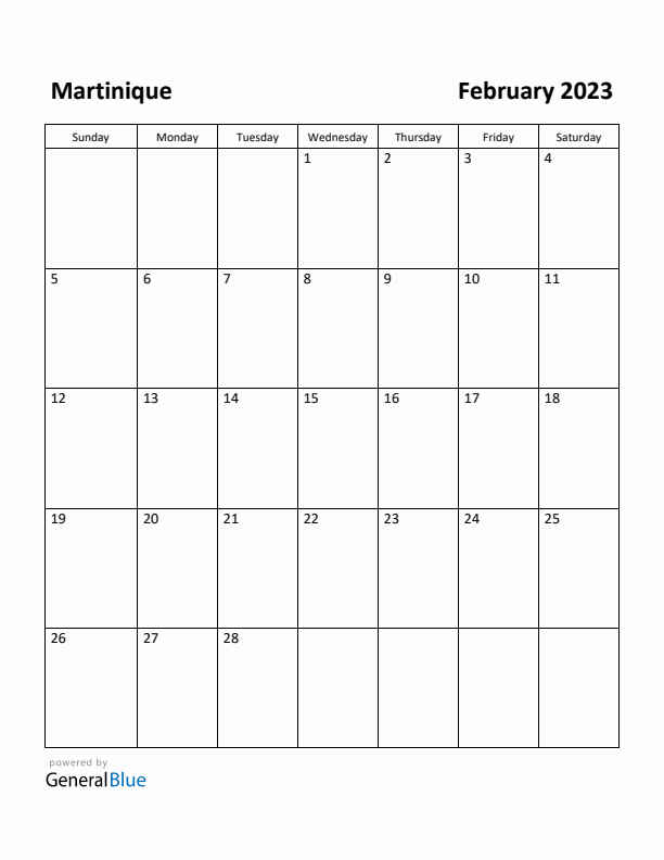 February 2023 Calendar with Martinique Holidays