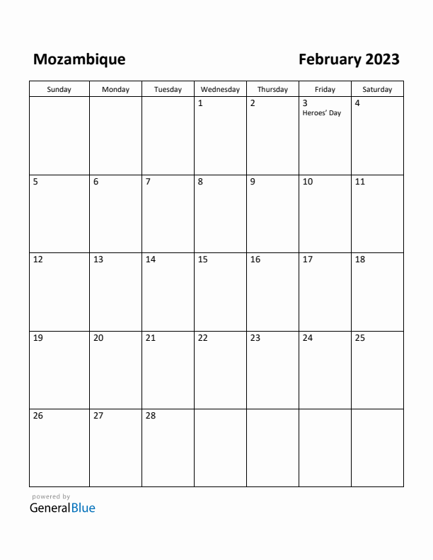 February 2023 Calendar with Mozambique Holidays