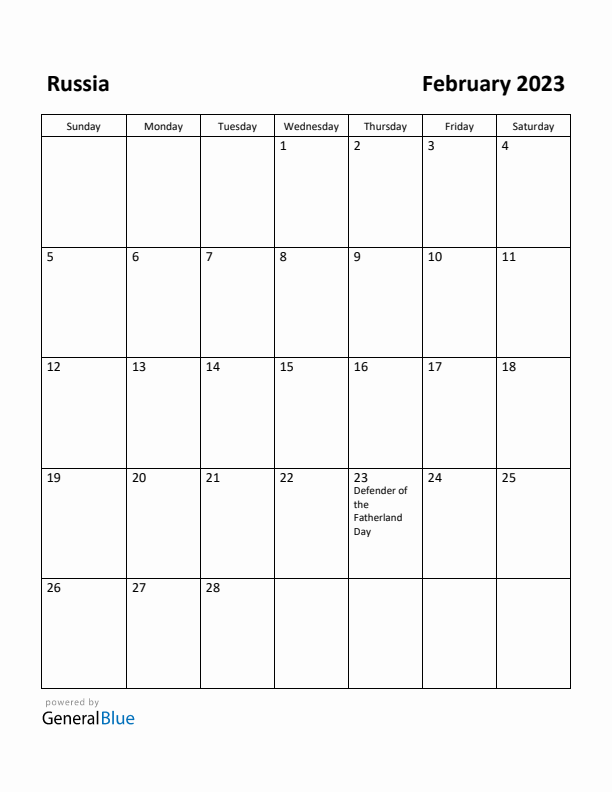February 2023 Calendar with Russia Holidays