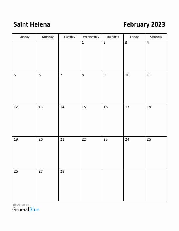 February 2023 Calendar with Saint Helena Holidays