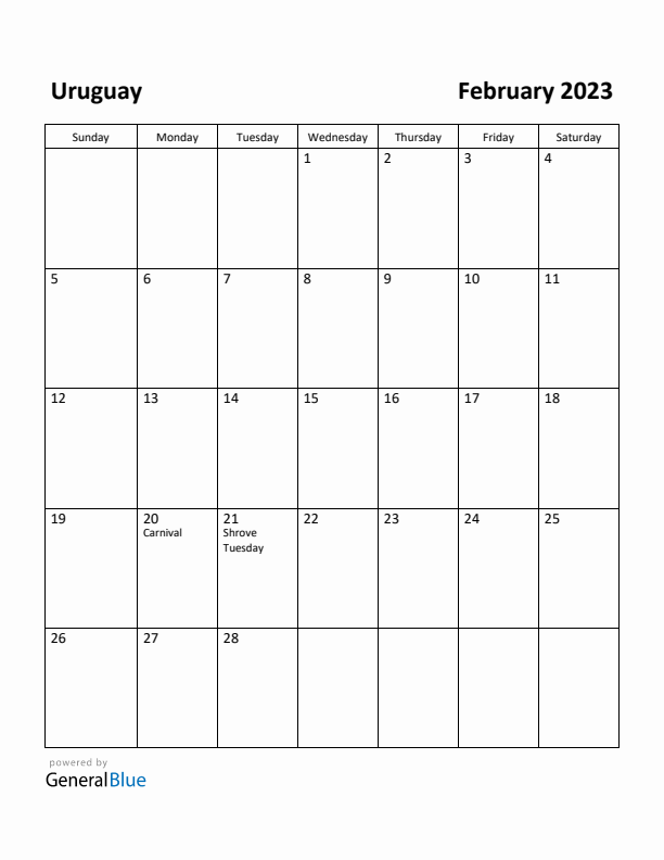 February 2023 Calendar with Uruguay Holidays