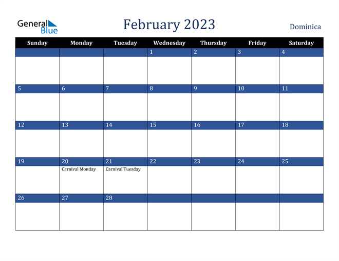February 2023 Dominica Calendar