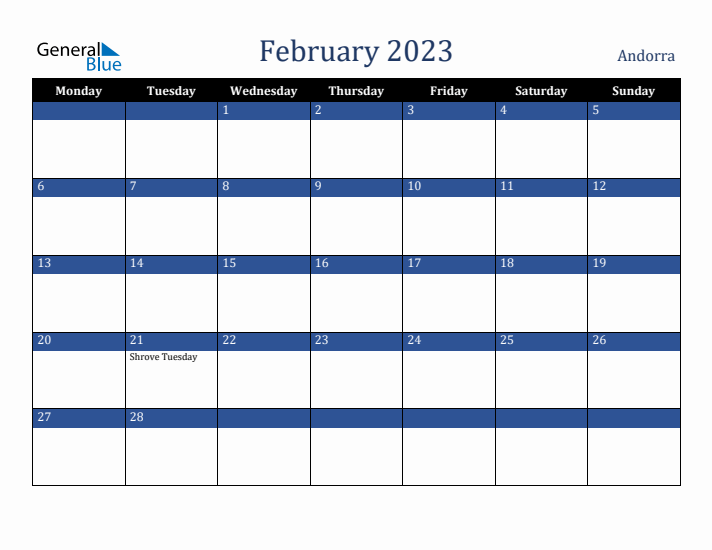 February 2023 Andorra Calendar (Monday Start)