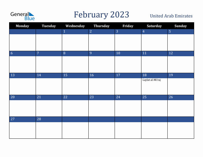 February 2023 United Arab Emirates Calendar (Monday Start)