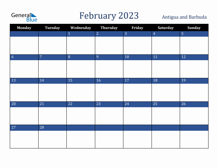 February 2023 Antigua and Barbuda Calendar (Monday Start)