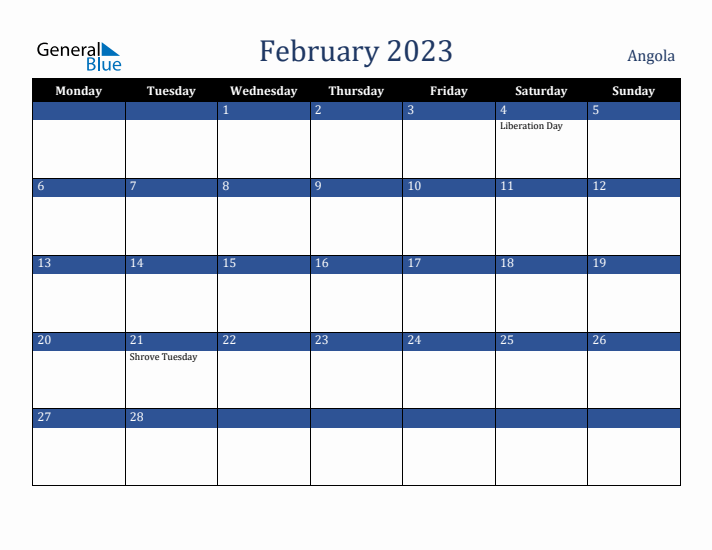 February 2023 Angola Calendar (Monday Start)