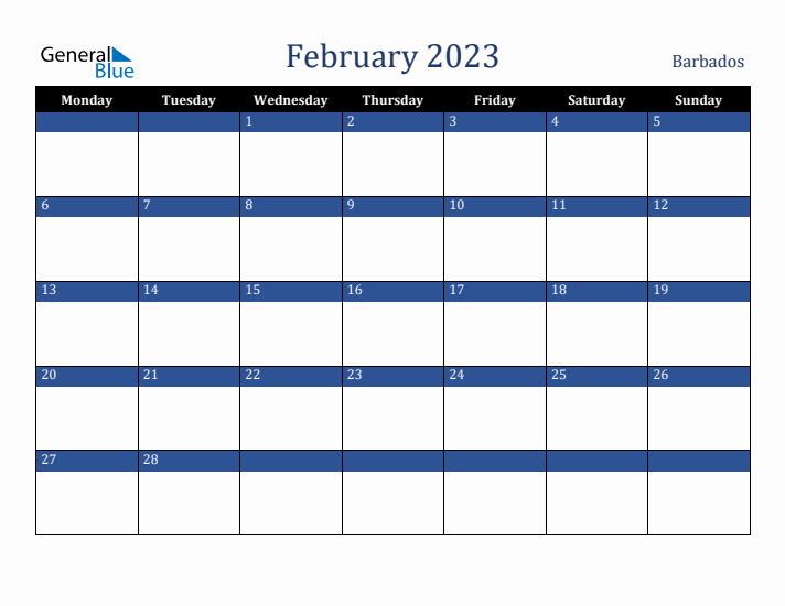 February 2023 Barbados Calendar (Monday Start)