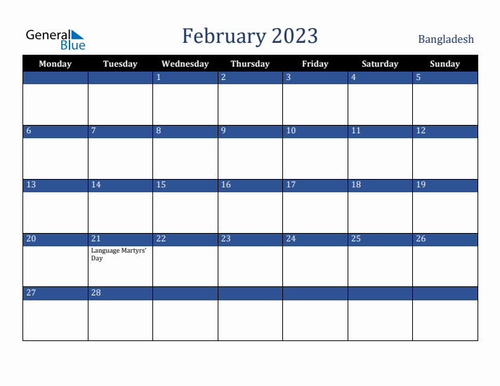 February 2023 Bangladesh Calendar (Monday Start)