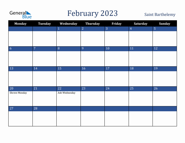 February 2023 Saint Barthelemy Calendar (Monday Start)