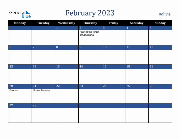 February 2023 Bolivia Calendar (Monday Start)