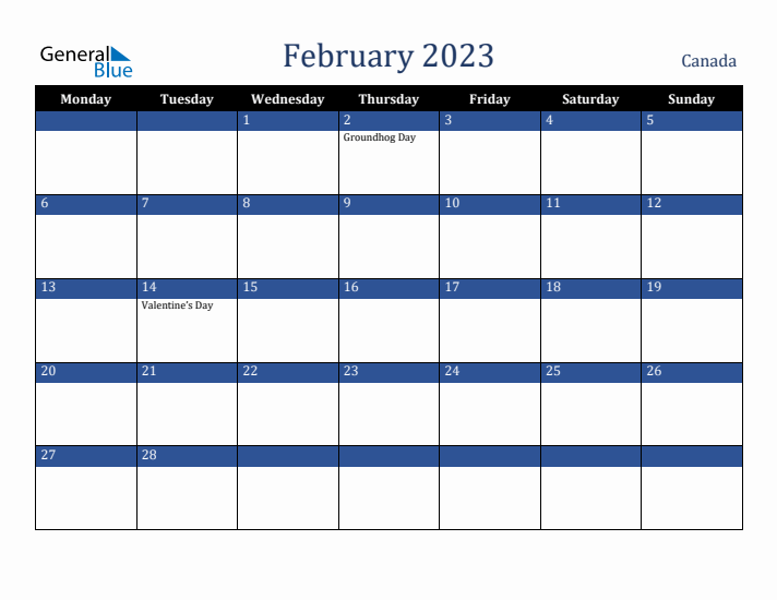 February 2023 Canada Calendar (Monday Start)
