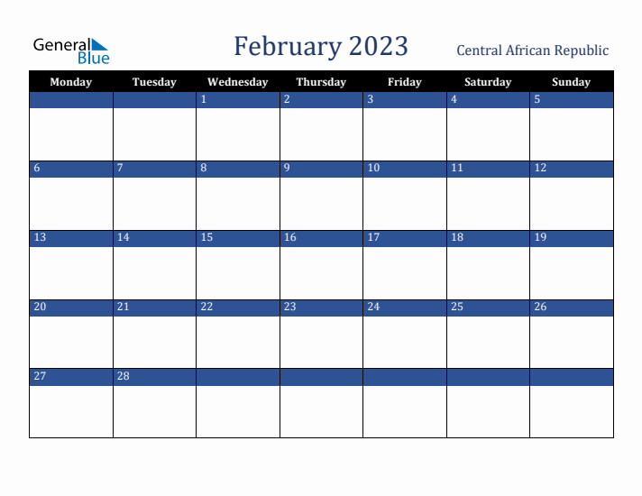 February 2023 Central African Republic Calendar (Monday Start)