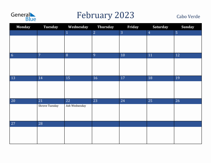 February 2023 Cabo Verde Calendar (Monday Start)