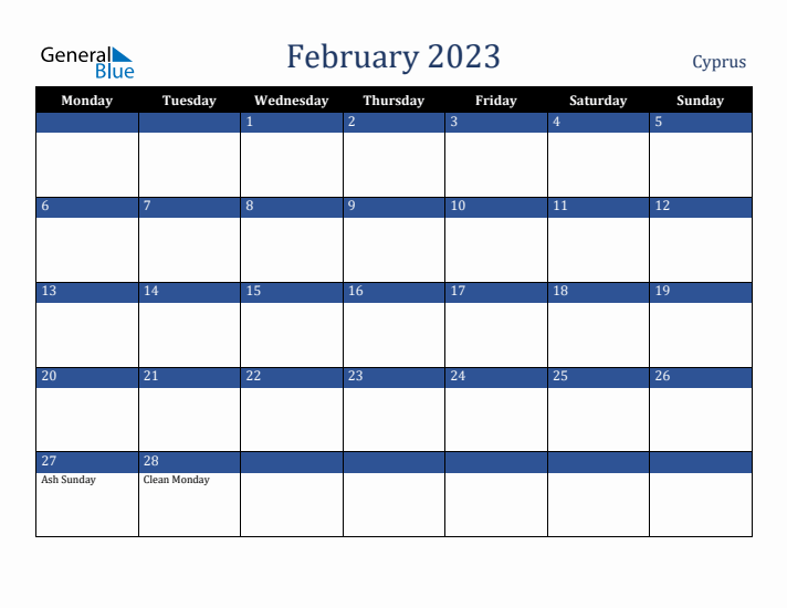February 2023 Cyprus Calendar (Monday Start)