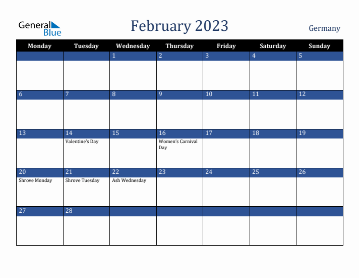 February 2023 Germany Calendar (Monday Start)