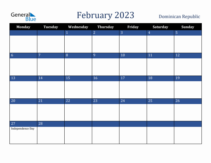 February 2023 Dominican Republic Calendar (Monday Start)