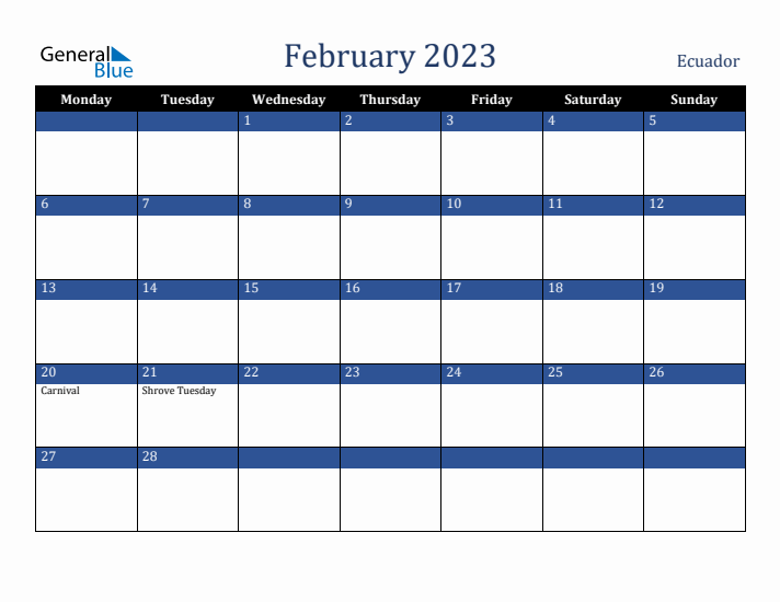February 2023 Ecuador Calendar (Monday Start)
