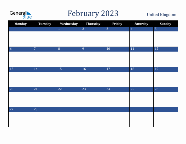 February 2023 United Kingdom Calendar (Monday Start)