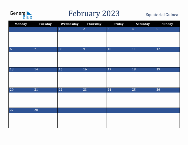 February 2023 Equatorial Guinea Calendar (Monday Start)