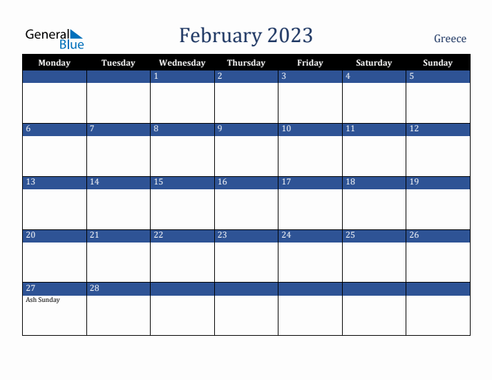 February 2023 Greece Calendar (Monday Start)