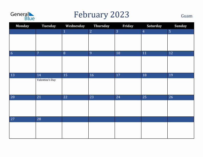 February 2023 Guam Calendar (Monday Start)