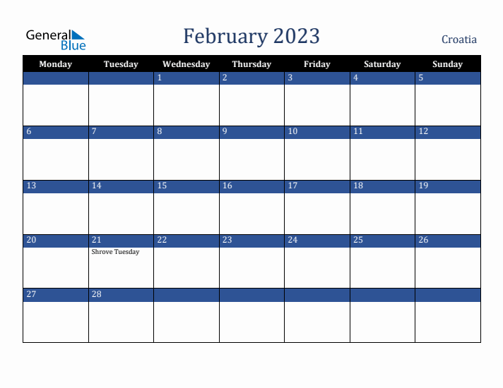 February 2023 Croatia Calendar (Monday Start)