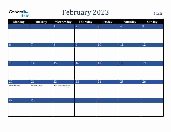 February 2023 Haiti Calendar (Monday Start)