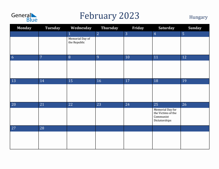 February 2023 Hungary Calendar (Monday Start)
