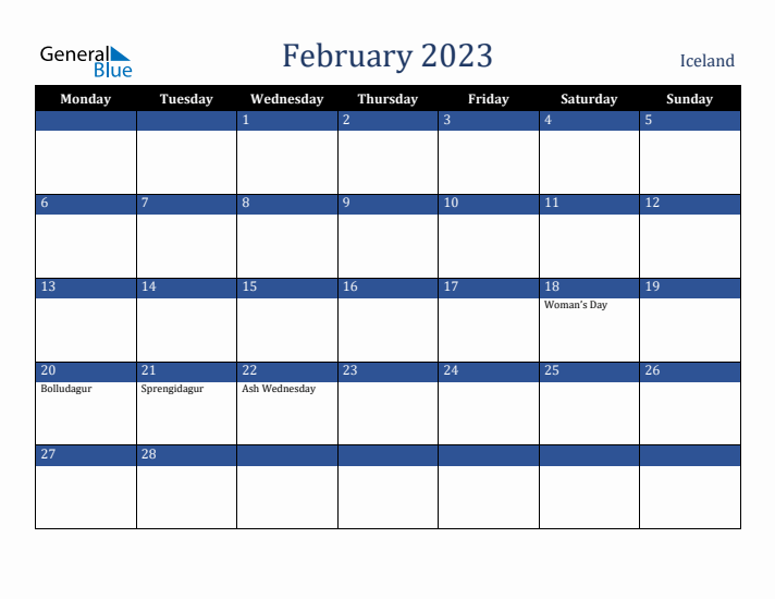 February 2023 Iceland Calendar (Monday Start)