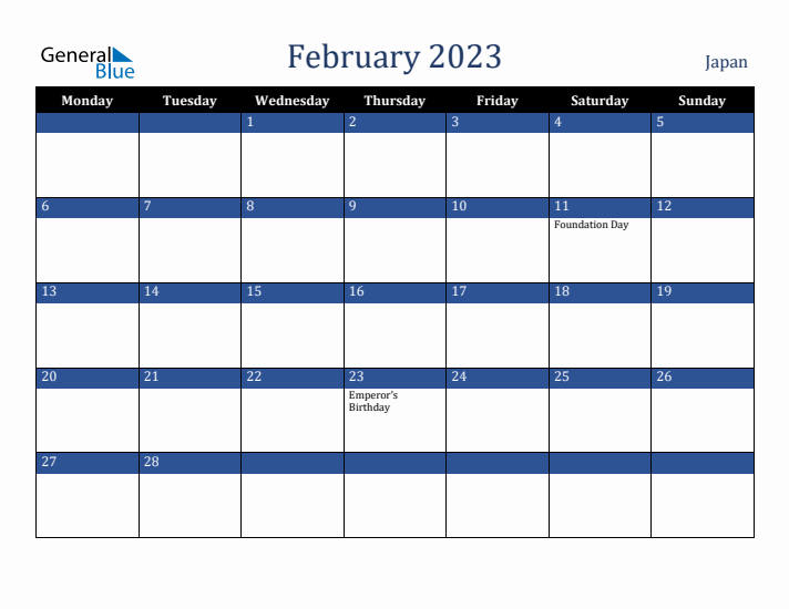 February 2023 Japan Calendar (Monday Start)