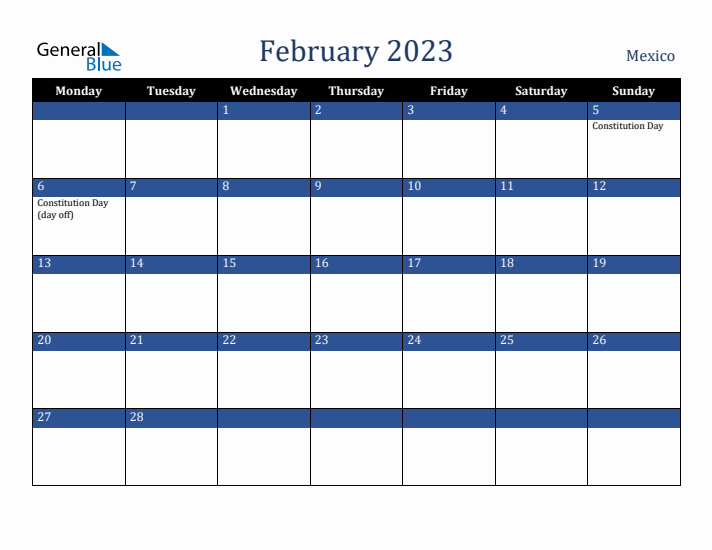 February 2023 Mexico Calendar (Monday Start)