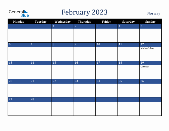 February 2023 Norway Calendar (Monday Start)