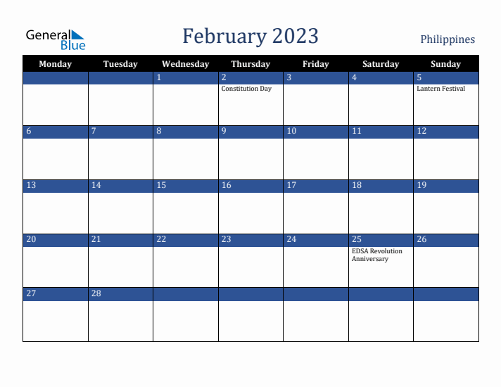 February 2023 Philippines Calendar (Monday Start)