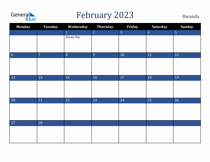 February 2023 Rwanda Calendar (Monday Start)