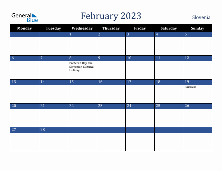 February 2023 Slovenia Calendar (Monday Start)