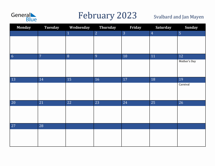 February 2023 Svalbard and Jan Mayen Calendar (Monday Start)
