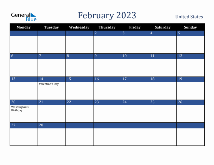 February 2023 United States Calendar (Monday Start)