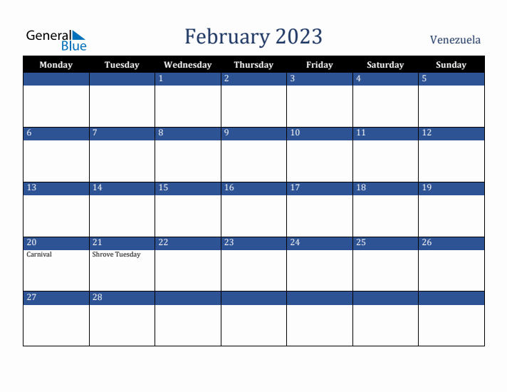 February 2023 Venezuela Calendar (Monday Start)