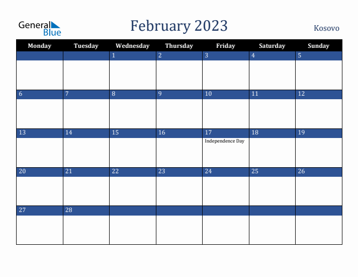 February 2023 Kosovo Calendar (Monday Start)