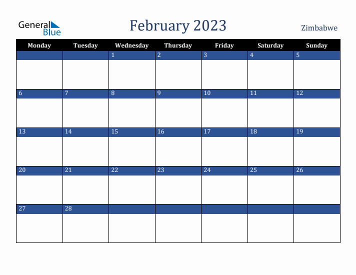 February 2023 Zimbabwe Calendar (Monday Start)